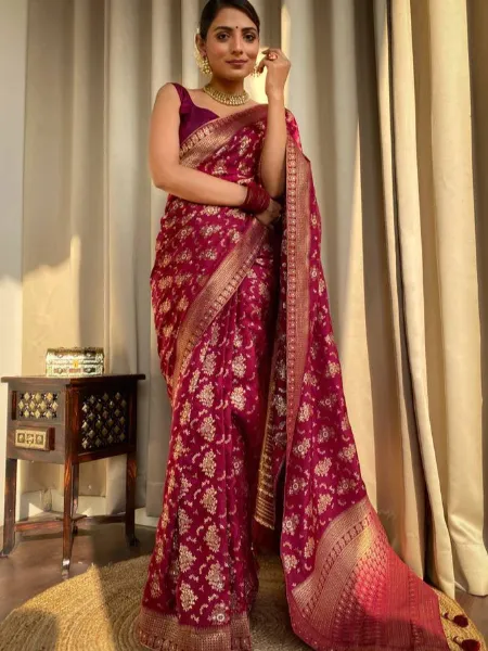 Pure Banarasi Silk Saree in Maroon With Copper Zari Weaving and Brocade Blouse