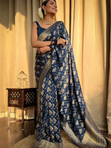 Pure Banarasi Silk Saree in Blue With Copper Zari Weaving and Brocade Blouse
