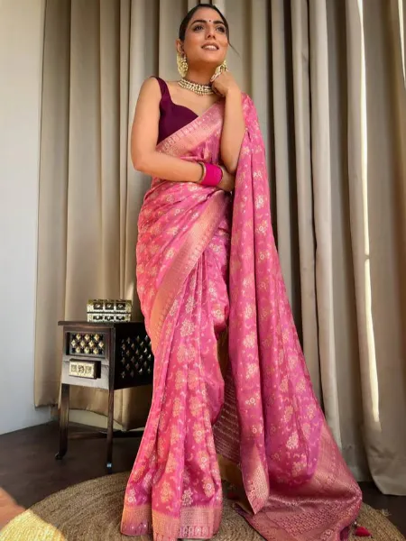 Pure Banarasi Silk Saree in Baby Pink With Copper Zari Weaving and Brocade Blouse