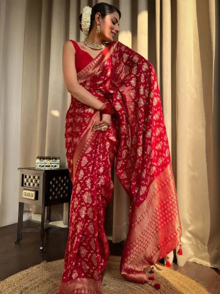 Pure Banarasi Silk Saree in Red With Copper Zari Weaving and Brocade Blouse