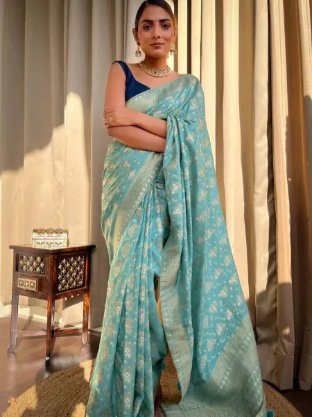 Pure Banarasi Silk Saree in Sky With Copper Zari Weaving and Brocade Blouse