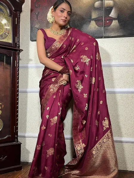 Wine Color Banarasi Soft Silk Saree With Copper Zari Weaving and Blouse