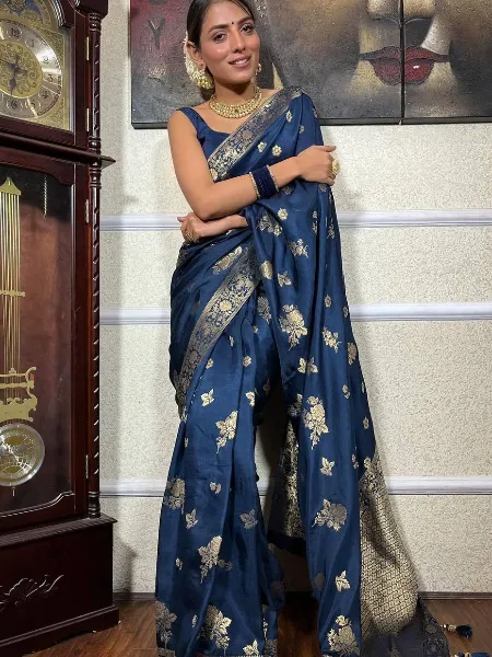 Blue Color Banarasi Soft Silk Saree With Copper Zari Weaving and Blouse