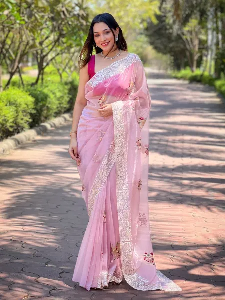 Light Pink Color Saree in Tissue Silk With Sequence and Thread Embroidery