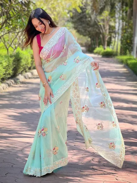 Sky Blue Color Saree in Tissue Silk With Sequence and Thread Embroidery