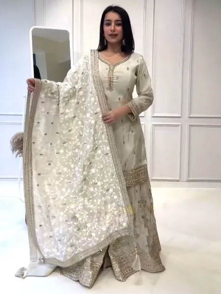 White Top Sharara Suit With Heavy Embroidery and Sequence Work With Dupatta