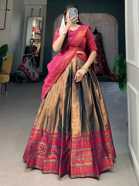 Firozi Color Half Saree Lehenga in Jacquard With Weaving Work Pavadai Dhavani