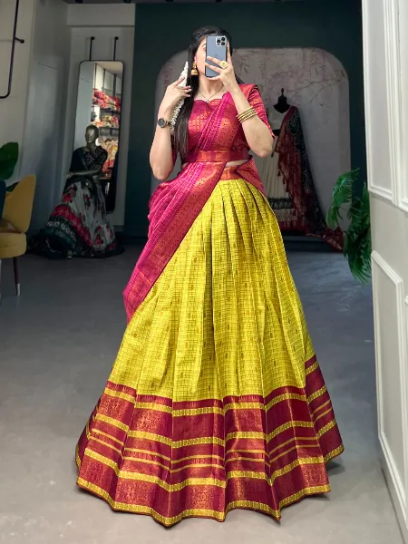 Parrot Color Half Saree Lehenga in Jacquard With Weaving Work Pavadai Dhavani