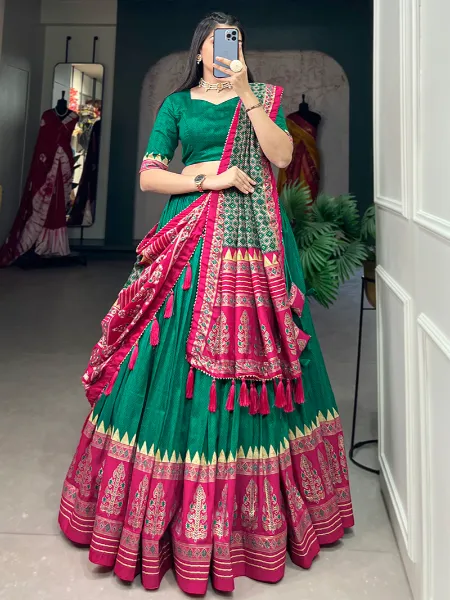 Green Lehenga in Tussar Silk With Digital and Foil Print With Dupatta