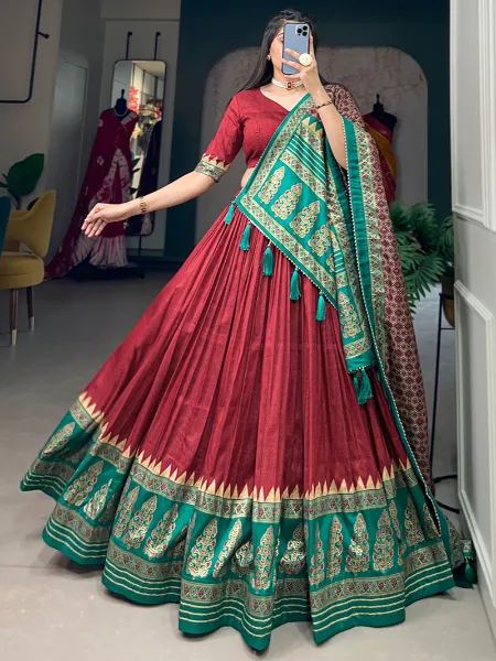Red Lehenga in Tussar Silk With Digital and Foil Print With Dupatta