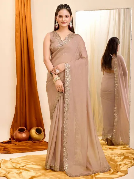Light Brown Color Sari in Taby Organza With Sequins Embroidery Work Indian Saree