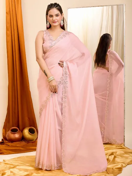 Peach Color Sari in Taby Organza With Sequins Embroidery Work Indian Saree
