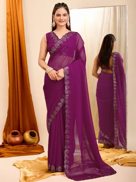 Purple Color Sari in Taby Organza With Sequins Embroidery Work Indian Saree