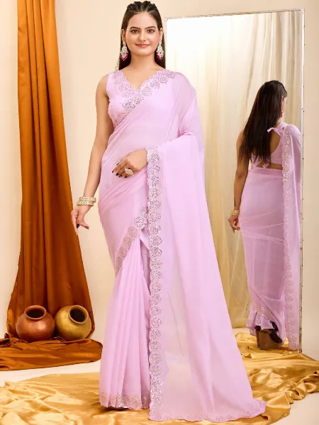 Light Pink Color Sari in Taby Organza With Sequins Embroidery Work Indian Saree