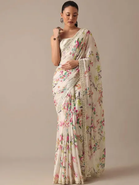 White Saree With Floral Print in Soft Georgette With Sequins Embroidery Border