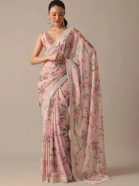 Pink Saree With Floral Print in Soft Georgette With Sequins Embroidery Border