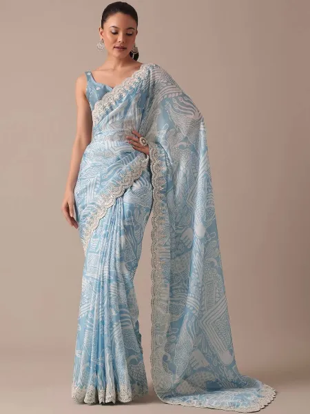 Sky Saree With Floral Print in Soft Georgette With Sequins Embroidery Border