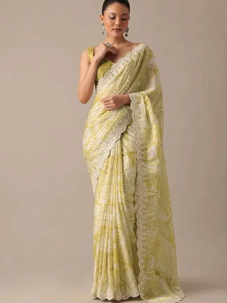Yellow Saree With Floral Print in Soft Georgette With Sequins Embroidery Border