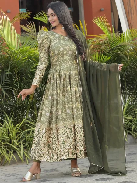 Mehendi Ceremony Gown With Digital Print and Sequence in Silk With Dupatta