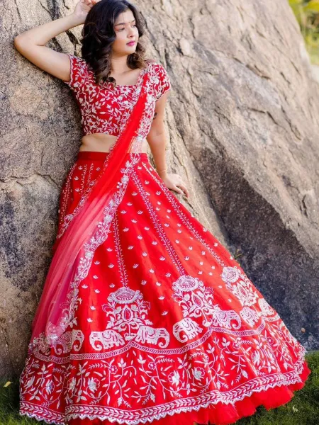 Red Color Bridal Lehenga With Embroidery and Frill With Readymade Blouse
