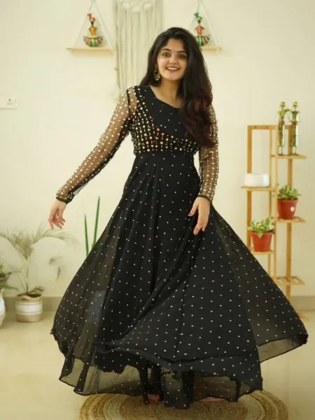 Black Color Party Wear Gown in Georgette With Sequence and Soft Net Jacket