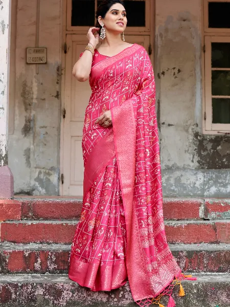 Pink Saree in Pure Silk With Digital Print and Zari Weaving With Blouse
