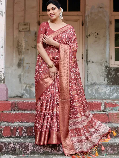Maroon Saree in Pure Silk With Digital Print and Zari Weaving With Blouse