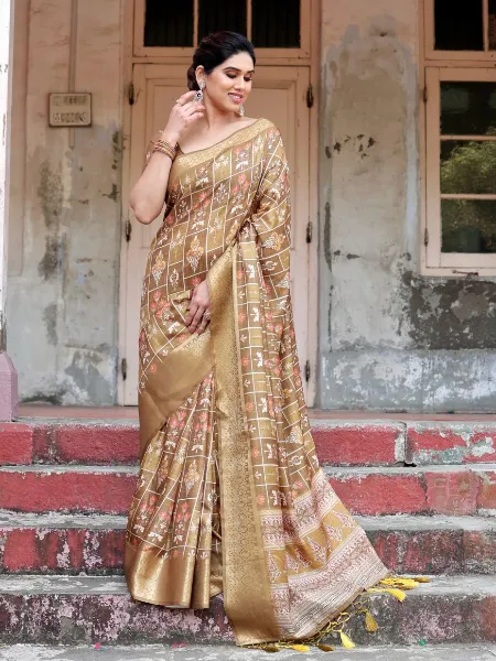 Caramel Saree in Pure Silk With Digital Print and Zari Weaving With Blouse