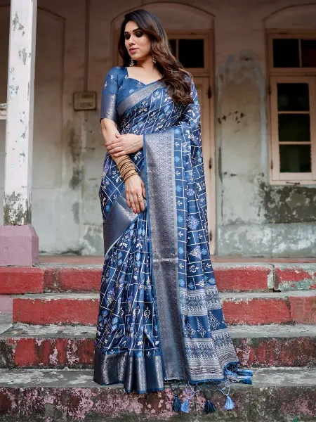 Blue Saree in Pure Silk With Digital Print and Zari Weaving With Blouse