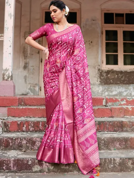Purple Saree in Pure Silk With Digital Print and Zari Weaving With Blouse