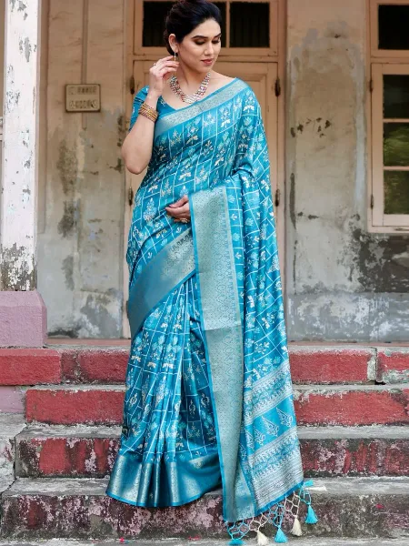 Sky Blue Saree in Pure Silk With Digital Print and Zari Weaving With Blouse