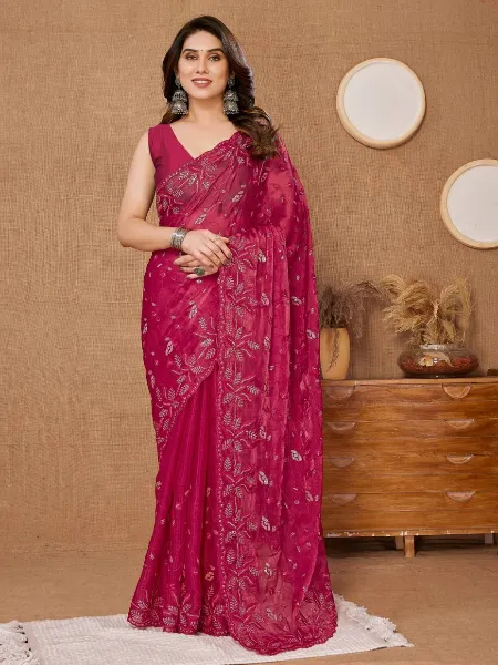 Red Saree in Burberry Silk With Sequence Embroidery and Blouse Indian Sari