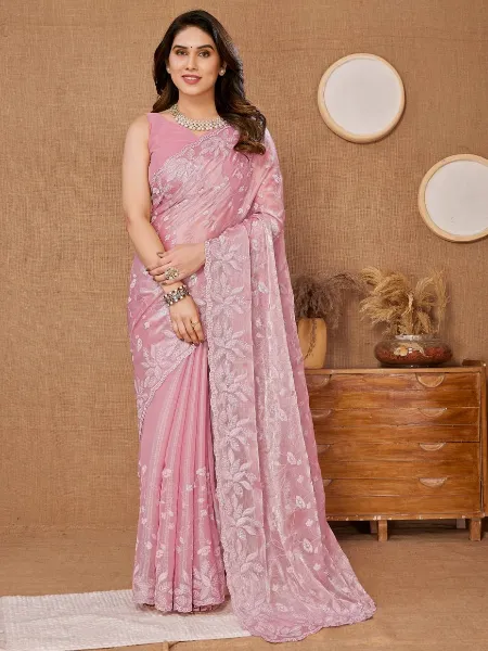 Light Pink Saree in Burberry Silk With Sequence Embroidery and Blouse Indian Sari