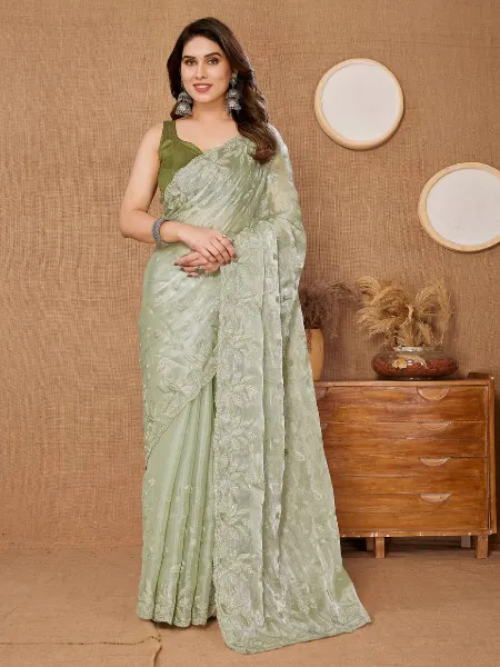 Pista Saree in Burberry Silk With Sequence Embroidery and Blouse Indian Sari
