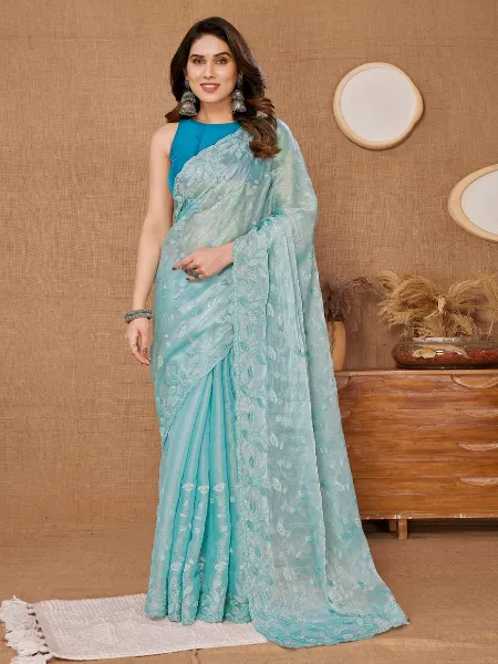 Sky Color Saree in Burberry Silk With Sequence Embroidery and Blouse Indian Sari