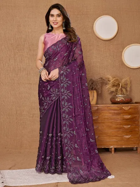 Wine Saree in Burberry Silk With Sequence Embroidery and Blouse Indian Sari