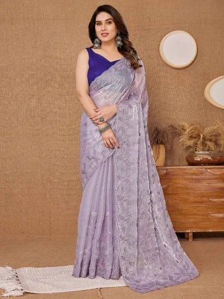 Lavender Saree in Burberry Silk With Sequence Embroidery and Blouse Indian Sari