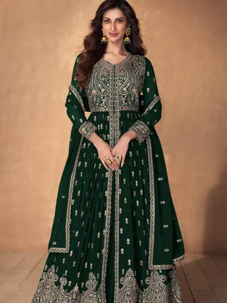 Green Abaya Style Anarkali With Lehenga and Dupatta Set With Embroidery