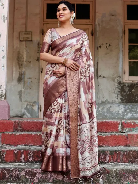 Pure Silk Brown Saree With Digital Print and Zari Weaving With Blouse