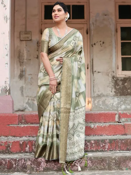 Pure Silk Mehendi Saree With Digital Print and Zari Weaving With Blouse
