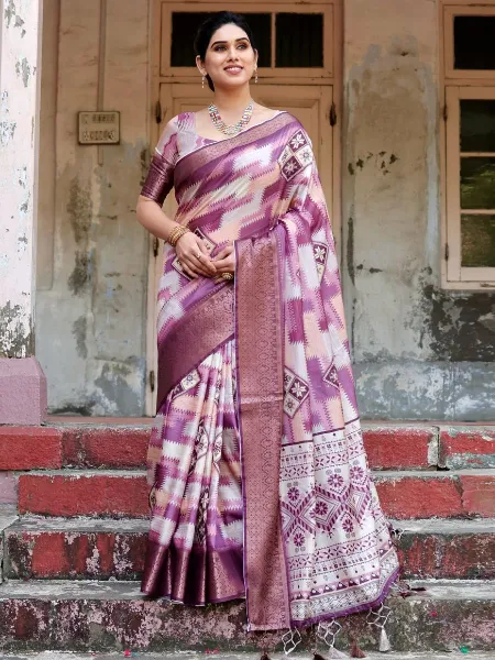Pure Silk Wine Saree With Digital Print and Zari Weaving With Blouse