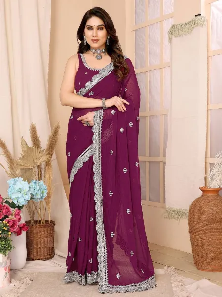 Wine Saree in Chiffon Silk With Sequence Embroidery and Blouse Indian Sari