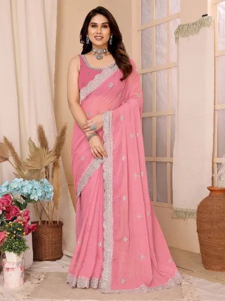 Light Pink Saree in Chiffon Silk With Sequence Embroidery and Blouse Indian Sari