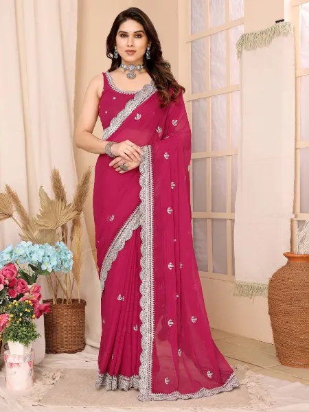 Red Saree in Chiffon Silk With Sequence Embroidery and Blouse Indian Sari
