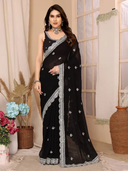 Black Saree in Chiffon Silk With Sequence Embroidery and Blouse Indian Sari