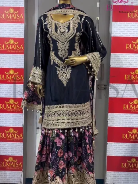 Black Color Pakistani Dress in Butter Silk With Georgette Sharara With Print