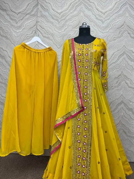 Yellow Color Abaya Style Anarkali Set in Georgette With Sequence Embroidery