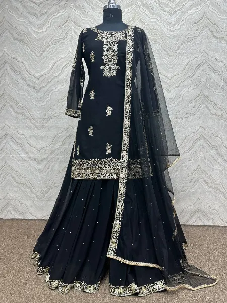 Black Color Pakistani Sharara in Georgette With Sequins Embroidery and Dupatta