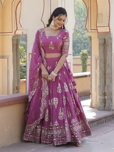 Indian Wedding Lehenga Choli in Onion Georgette With Sequence and Embroidery