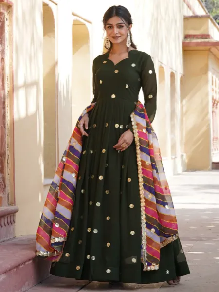 Party Wear Gown in Mehendi Color Georgette With Sequence and Zari Embroidery
